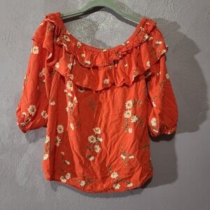 Chaus New York‎ Rayon Peasant Blouse Womens Medium Orange Daisy Off-Shoulder